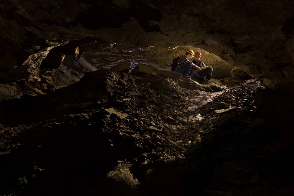 Zach Curry and Mitchell Slachter conduct research in a gypsum mine